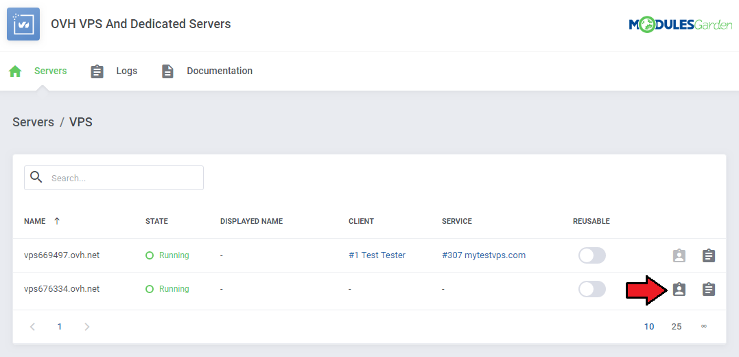 OVHcloud VPS And Dedicated Servers For WHMCS: list of deployed VPS machines with the assign client button marked