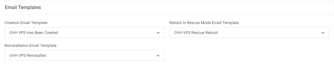 OVHcloud VPS And Dedicated Servers For WHMCS: Email Templates section with creation, reinstall and rescue reboot