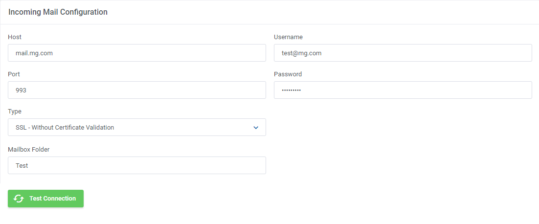 OVHcloud VPS And Dedicated Servers For WHMCS: Incoming Mail Configuration section with host, port and Test Connection