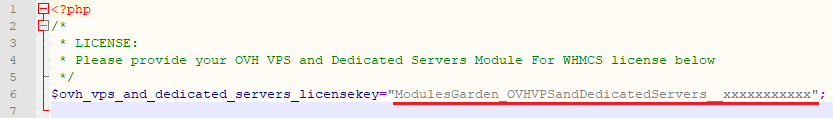 OVHcloud VPS And Dedicated Servers For WHMCS: license.php file with the license key between quotation marks