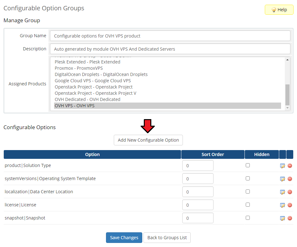 OVHcloud VPS And Dedicated Servers For WHMCS: Manage Group page with the Add New Configurable Option button