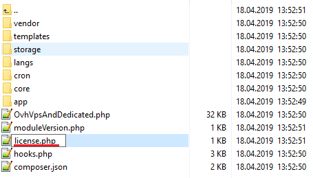 OVHcloud VPS And Dedicated Servers For WHMCS: module folder with the renamed license.php file