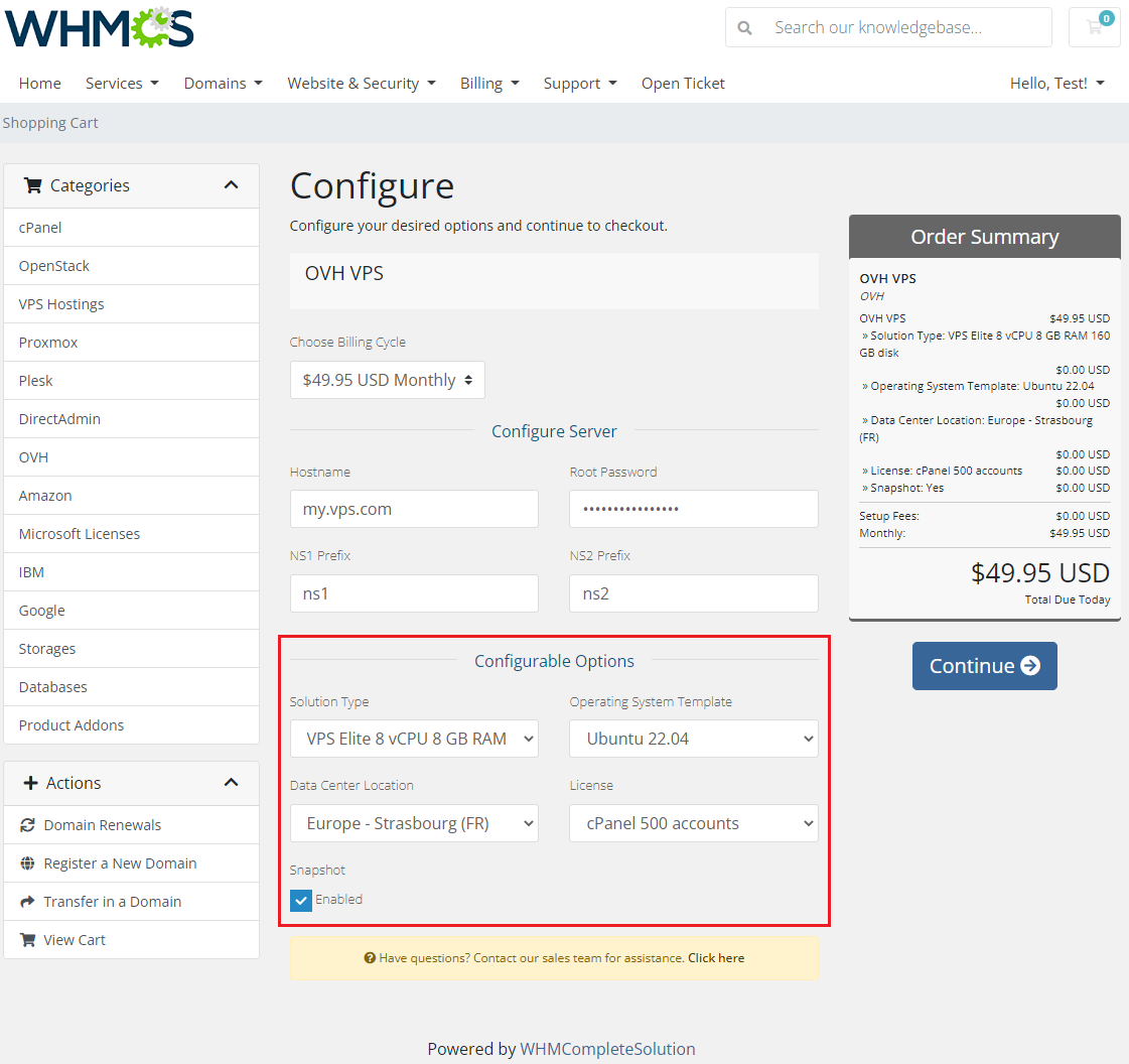 OVHcloud VPS And Dedicated Servers For WHMCS: order form with configurable options for solution type and license