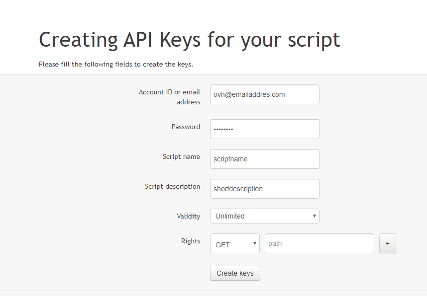 OVHcloud VPS And Dedicated Servers For WHMCS: OVH Creating API Keys form with Unlimited validity and Create keys button