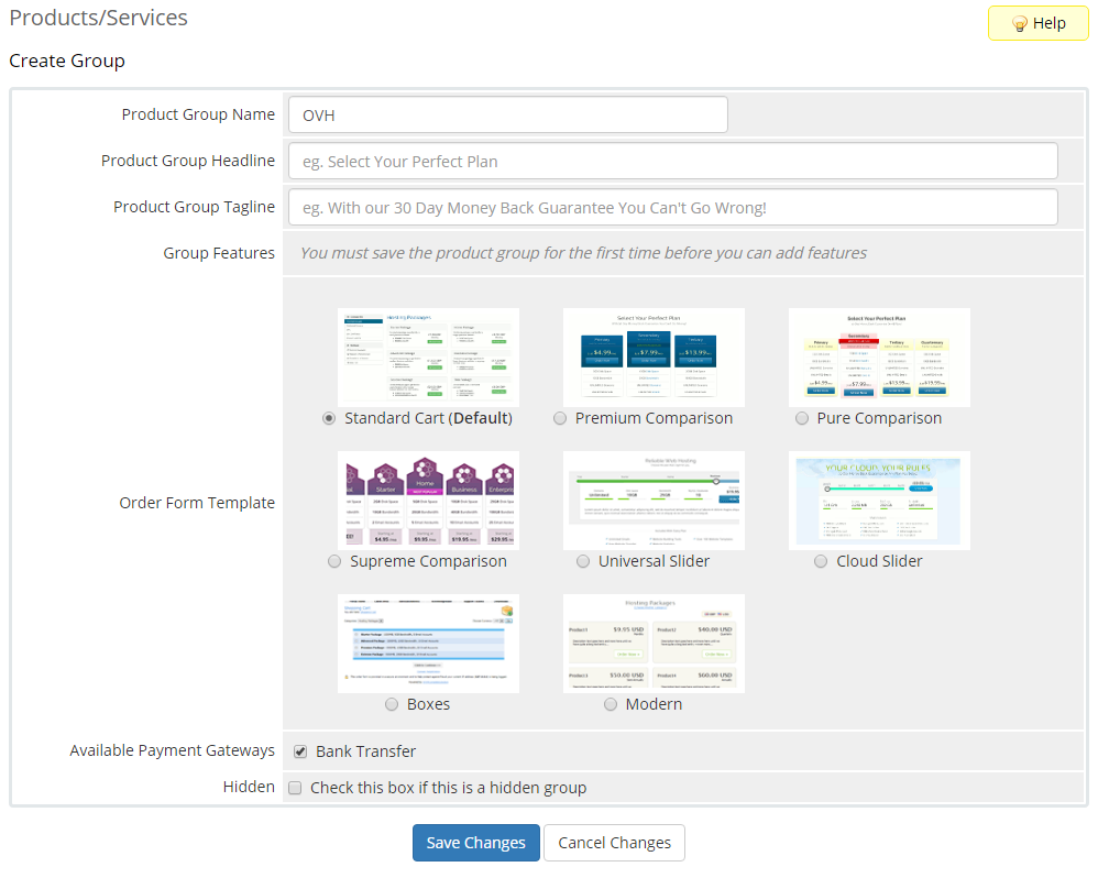 OVHcloud VPS And Dedicated Servers For WHMCS: Create Group form with product group name and Save Changes button
