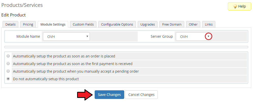 OVHcloud VPS And Dedicated Servers For WHMCS: product Module Settings tab with the Server Group dropdown