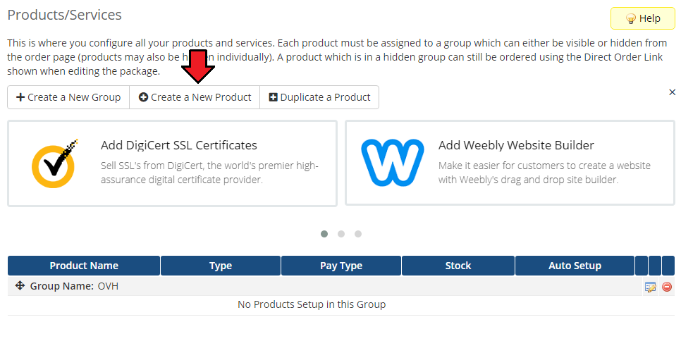 OVHcloud VPS And Dedicated Servers For WHMCS: Products/Services page with the Create a New Product button