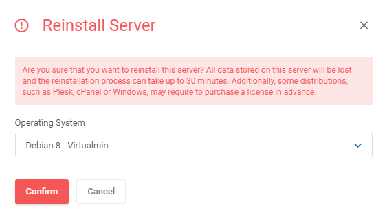 OVHcloud VPS And Dedicated Servers For WHMCS: Reinstall Server window with the Operating System list and warning