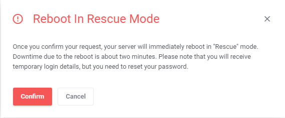 OVHcloud VPS And Dedicated Servers For WHMCS: Reboot In Rescue Mode confirmation window with Confirm button