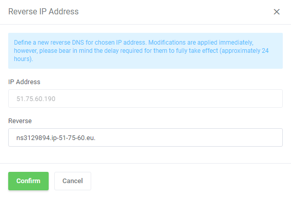 OVHcloud VPS And Dedicated Servers For WHMCS: Reverse IP Address window with IP address and reverse DNS fields