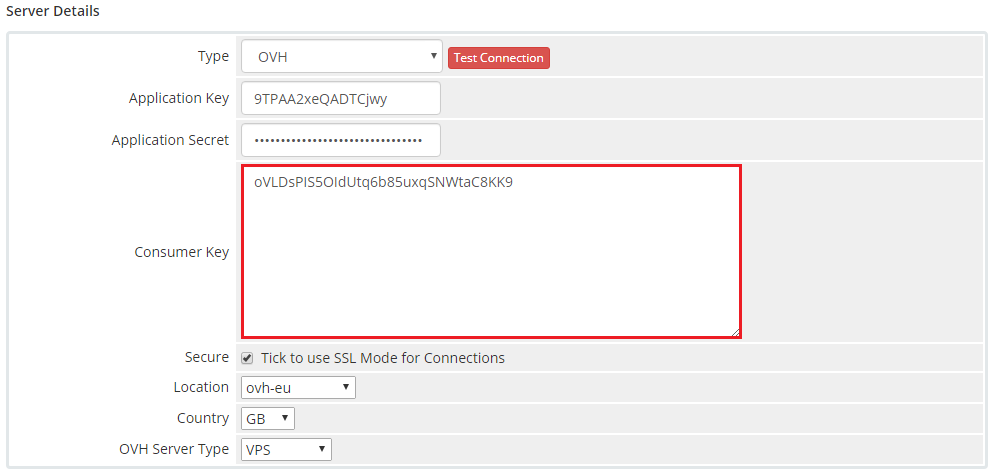 OVHcloud VPS And Dedicated Servers For WHMCS: Server Details with the generated Consumer Key field highlighted