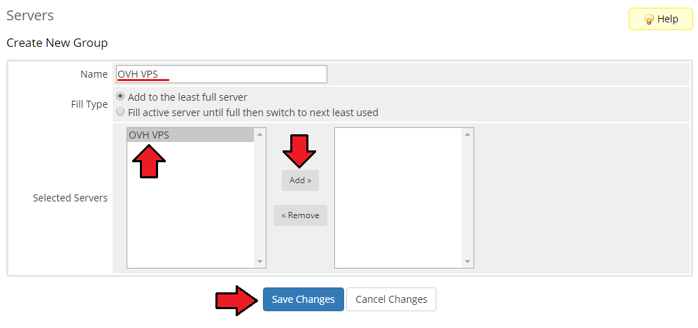OVHcloud VPS And Dedicated Servers For WHMCS: Create New Group form with the OVH VPS server, Add and Save Changes