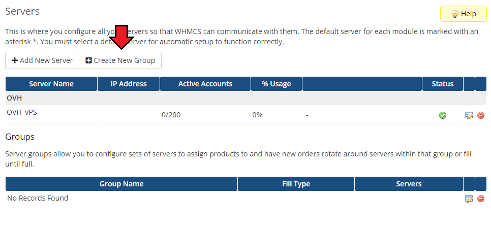 OVHcloud VPS And Dedicated Servers For WHMCS: WHMCS Servers page with the OVH VPS server and Create New Group button