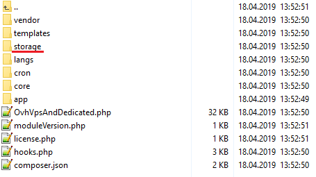 OVHcloud VPS And Dedicated Servers For WHMCS: module folder listing with the storage folder underlined