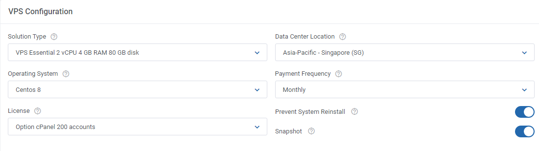 OVHcloud VPS And Dedicated Servers For WHMCS: VPS Configuration section with solution, OS, license and snapshot options