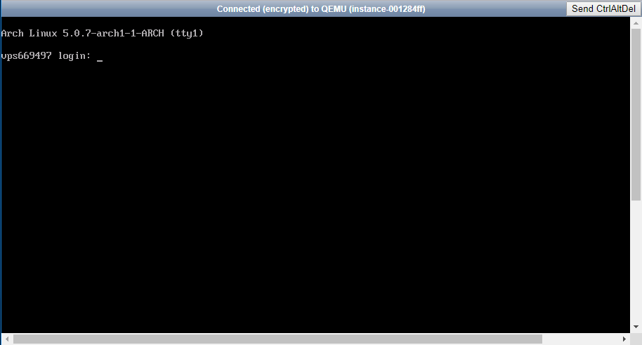 OVHcloud VPS And Dedicated Servers For WHMCS: KVM console window of an OVH VPS showing a Linux login prompt