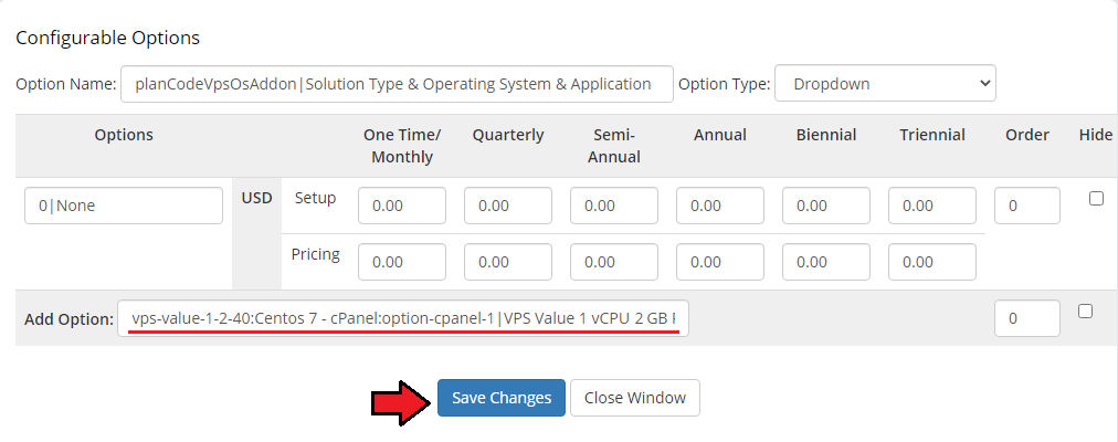 OVHcloud VPS And Dedicated Servers For WHMCS: configurable option with the Centos 7 cPanel entry in Add Option