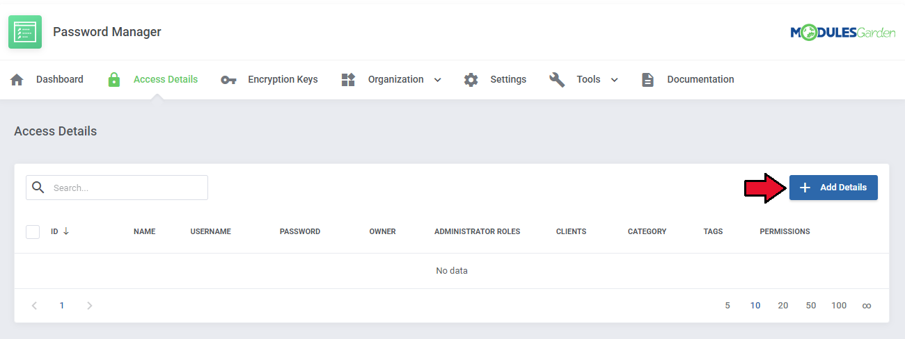 Password Manager For WHMCS: Access Details page with an empty list and the Add Details button