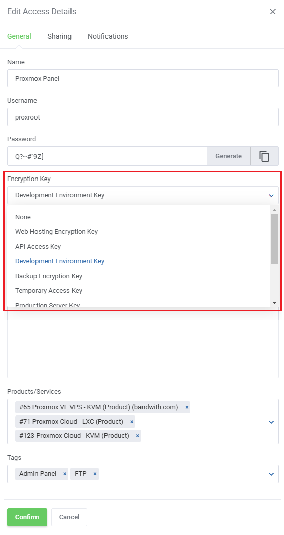 Password Manager For WHMCS: Edit Access Details form with the Encryption Key dropdown open to choose a key