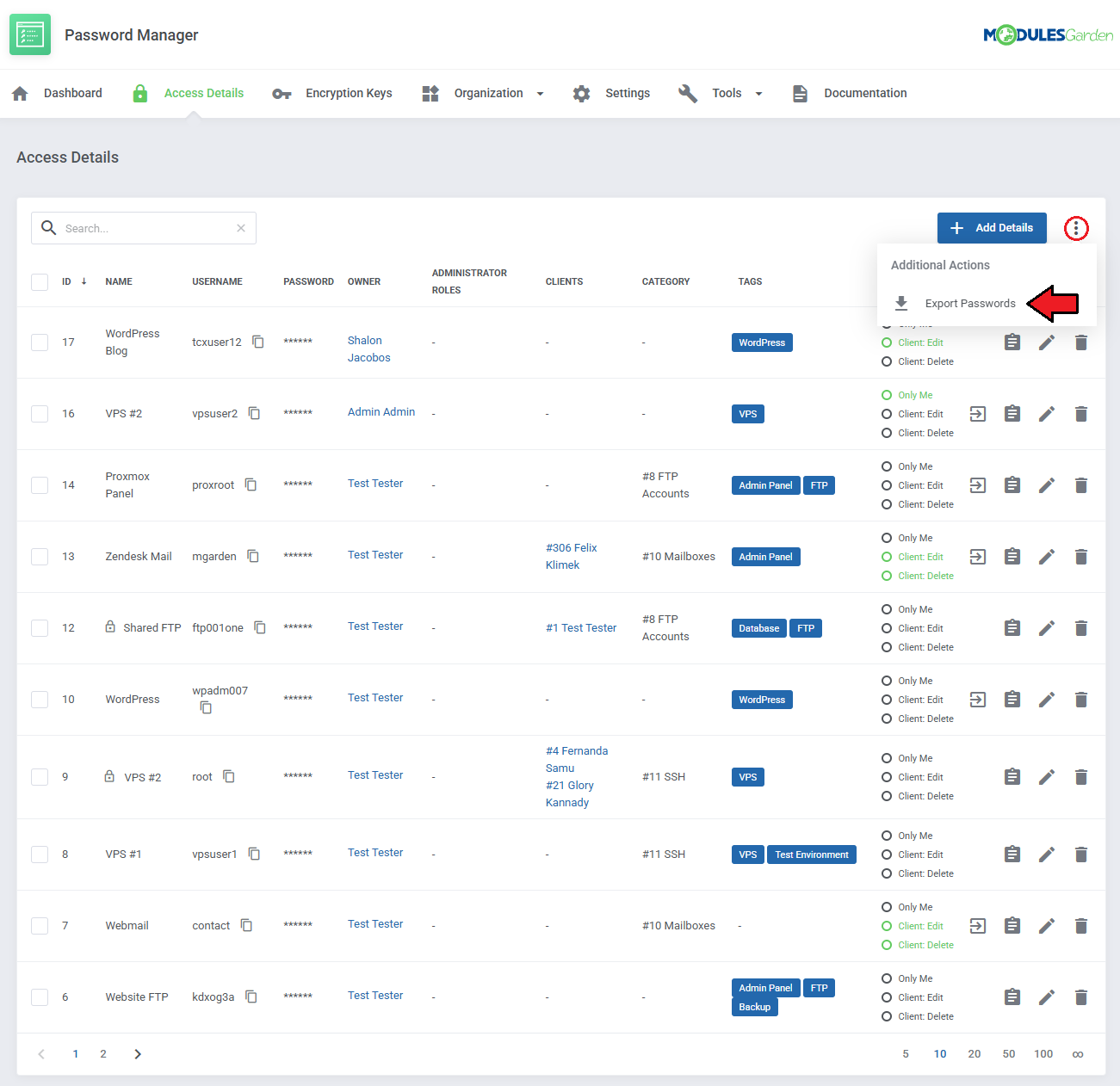 Password Manager For WHMCS: Access Details list with the Additional Actions menu and the Export Passwords option