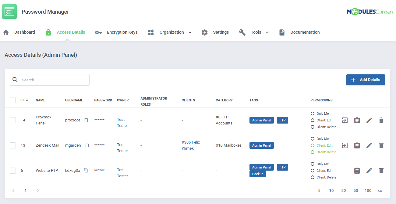 Password Manager For WHMCS: Access Details (Admin Panel) list filtered by tag, showing only entries with that tag