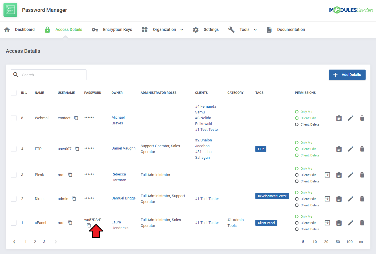 Password Manager For WHMCS: Access Details list with owners, roles, clients, tags and permissions, and a password copy