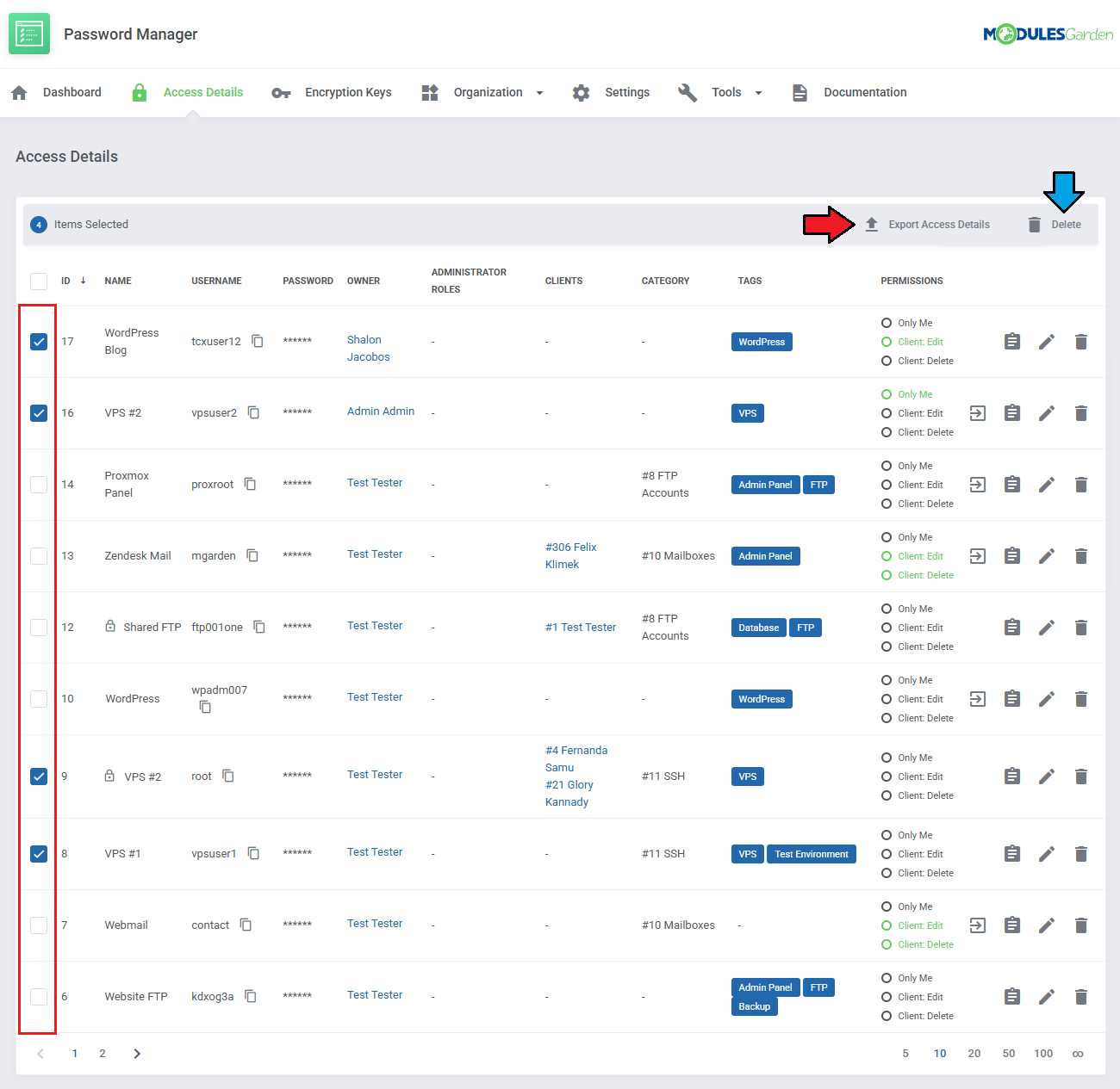 Password Manager For WHMCS: Access Details list with four rows selected and the Export Access Details and Delete mass