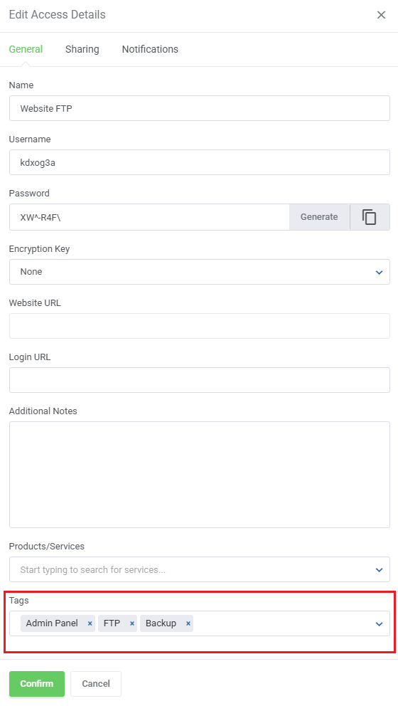 Password Manager For WHMCS: Edit Access Details form with the Tags field highlighted and several tags selected