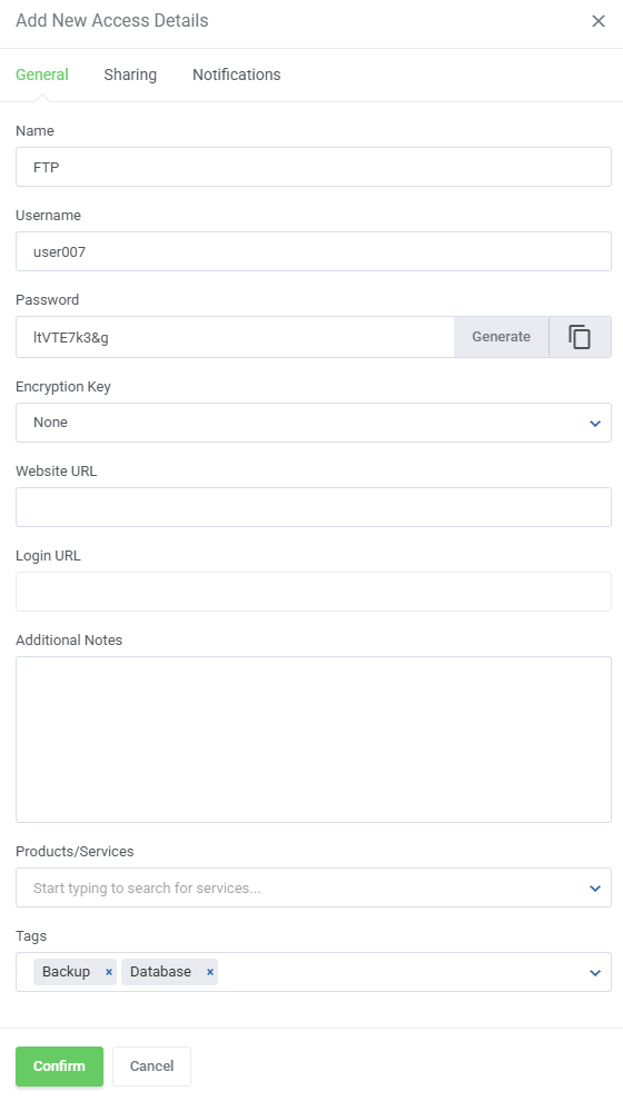 Password Manager For WHMCS: Add New Access Details form, General tab with name, username, password, encryption key and