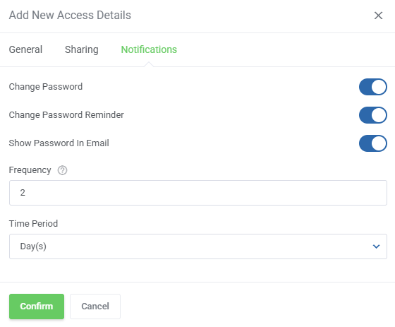 Password Manager For WHMCS: Add New Access Details form, Notifications tab with reminder, frequency and time period