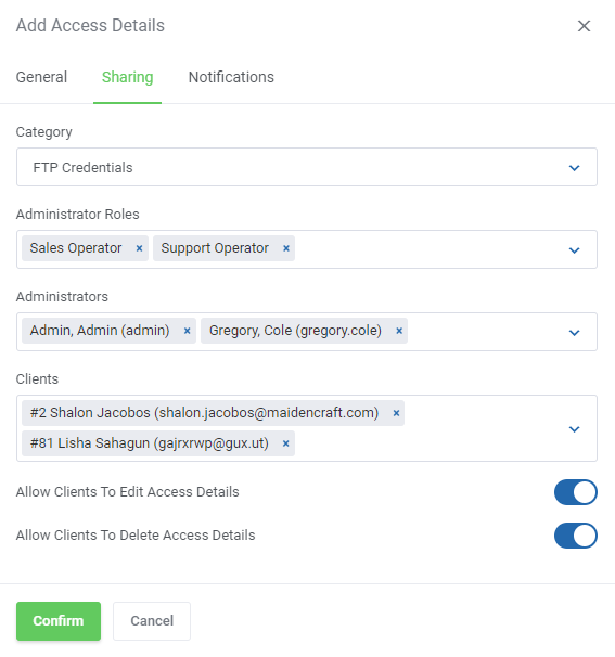 Password Manager For WHMCS: Add Access Details form, Sharing tab with category, admin roles, administrators and clients