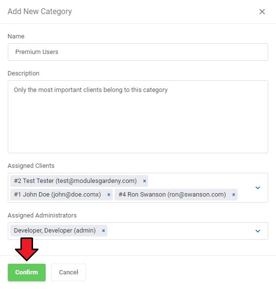 Password Manager For WHMCS: Add New Category form with name, description, assigned clients and administrators