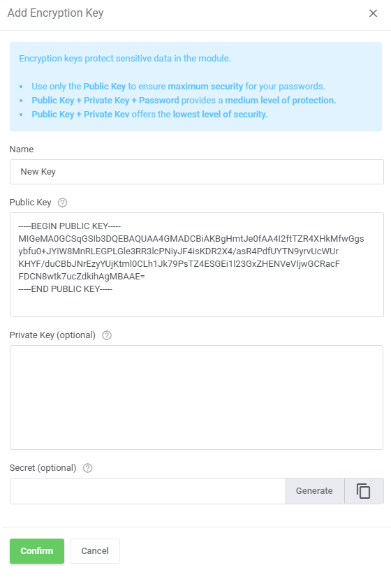 Password Manager For WHMCS: Add Encryption Key form with name, public key, optional private key and optional secret