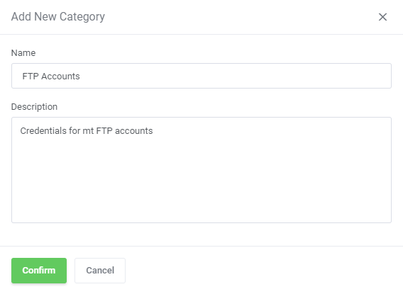 Password Manager For WHMCS: Add New Category dialog with Name and Description fields