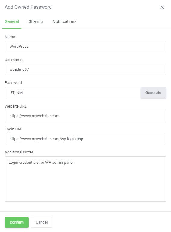 Password Manager For WHMCS: Add Owned Password form on the General tab with name, username, password and URL fields