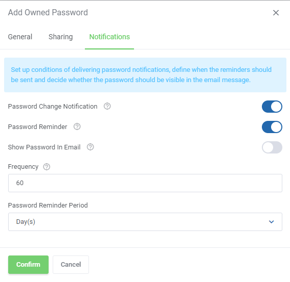 Password Manager For WHMCS: Add Owned Password form on the Notifications tab with reminder toggles and frequency fields