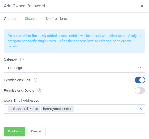 Password Manager For WHMCS: Add Owned Password form on the Sharing tab with category, permission toggles and email