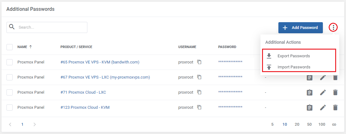 Password Manager For WHMCS: Additional Passwords table menu with the Export Passwords and Import Passwords options