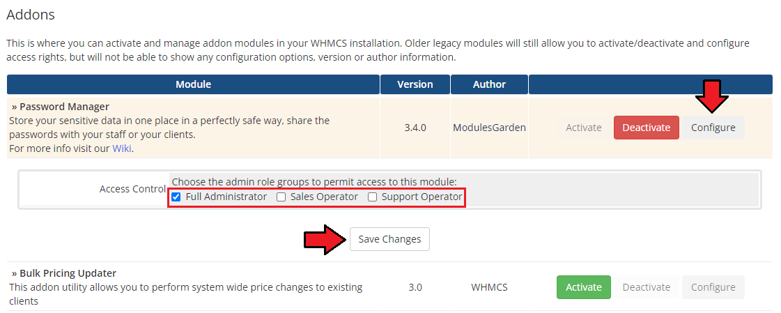 Password Manager For WHMCS: WHMCS Addon Modules with Configure opened, admin role groups for access and Save Changes