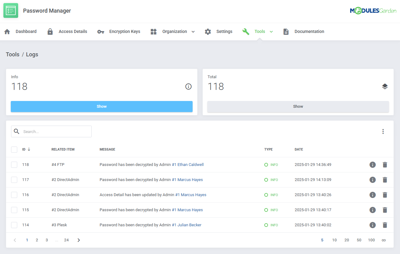 Password Manager For WHMCS: Tools Logs page in the admin addon with info counters and a table of log messages