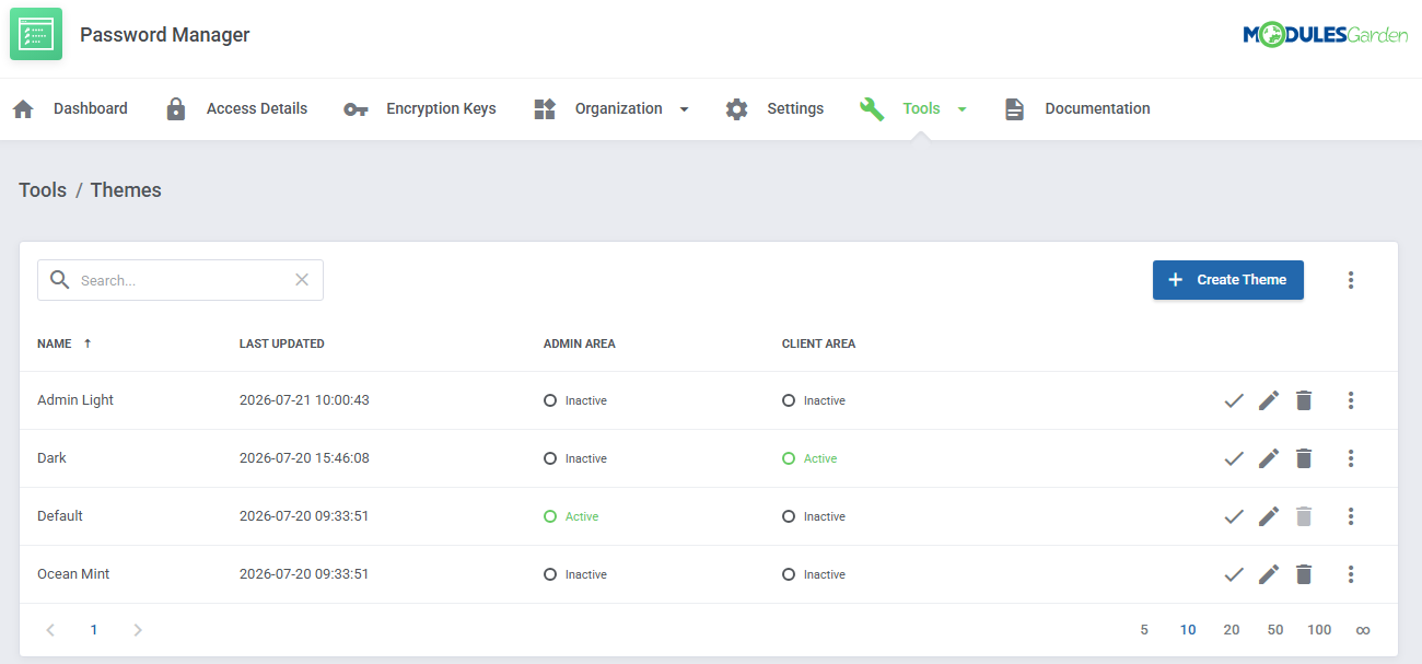 Password Manager For WHMCS: Tools Themes list in the admin addon with Admin Light, Dark, Default and Ocean Mint themes