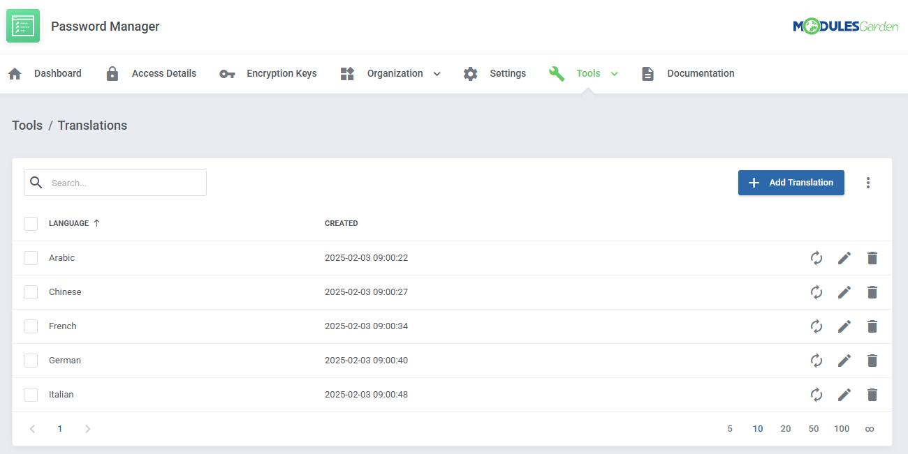 Password Manager For WHMCS: Tools Translations list in the admin addon with language rows and the Add Translation button