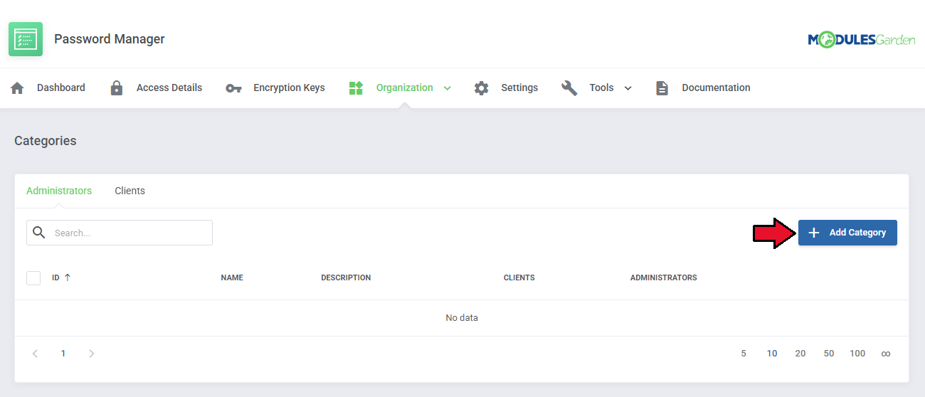 Password Manager For WHMCS: Organization Categories page, Administrators tab with no data and the Add Category button