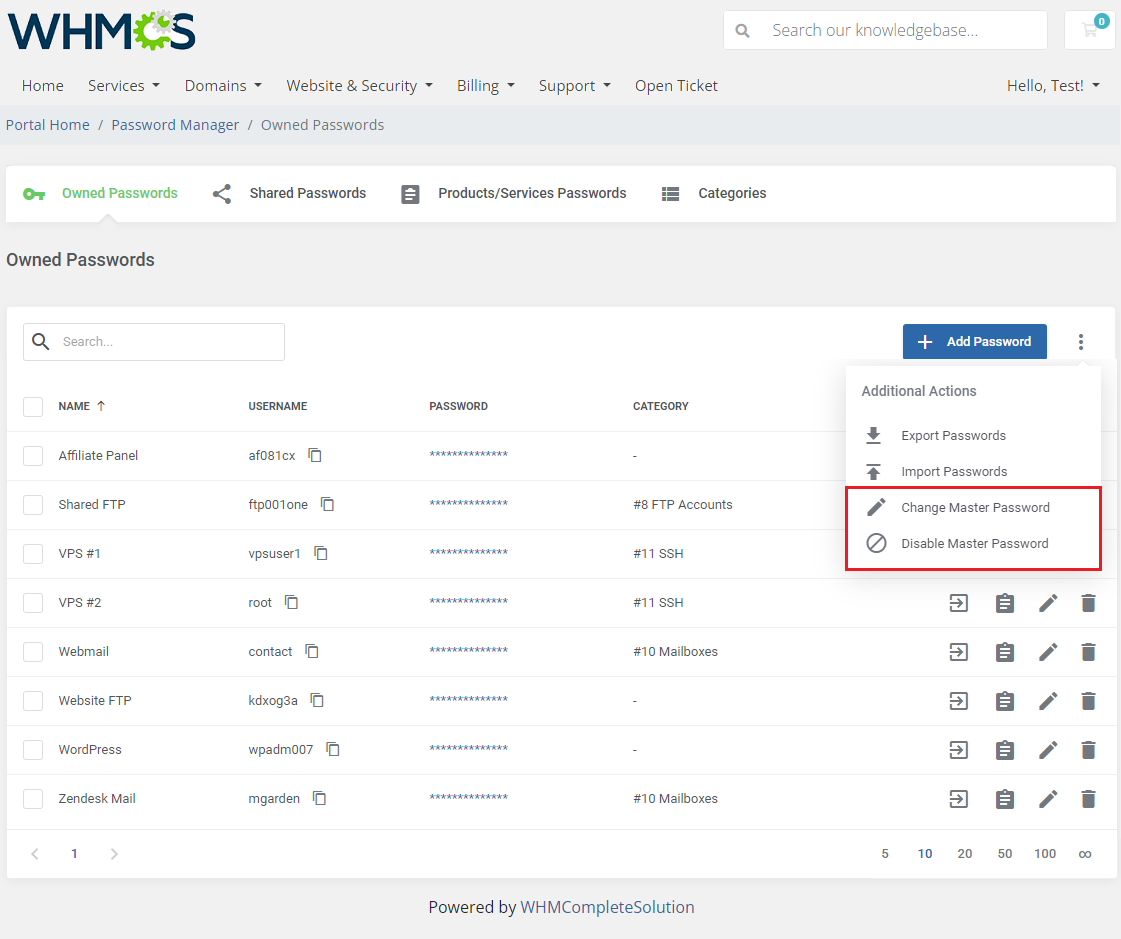 Password Manager For WHMCS: Owned Passwords Additional Actions menu with Change Master Password and Disable Master