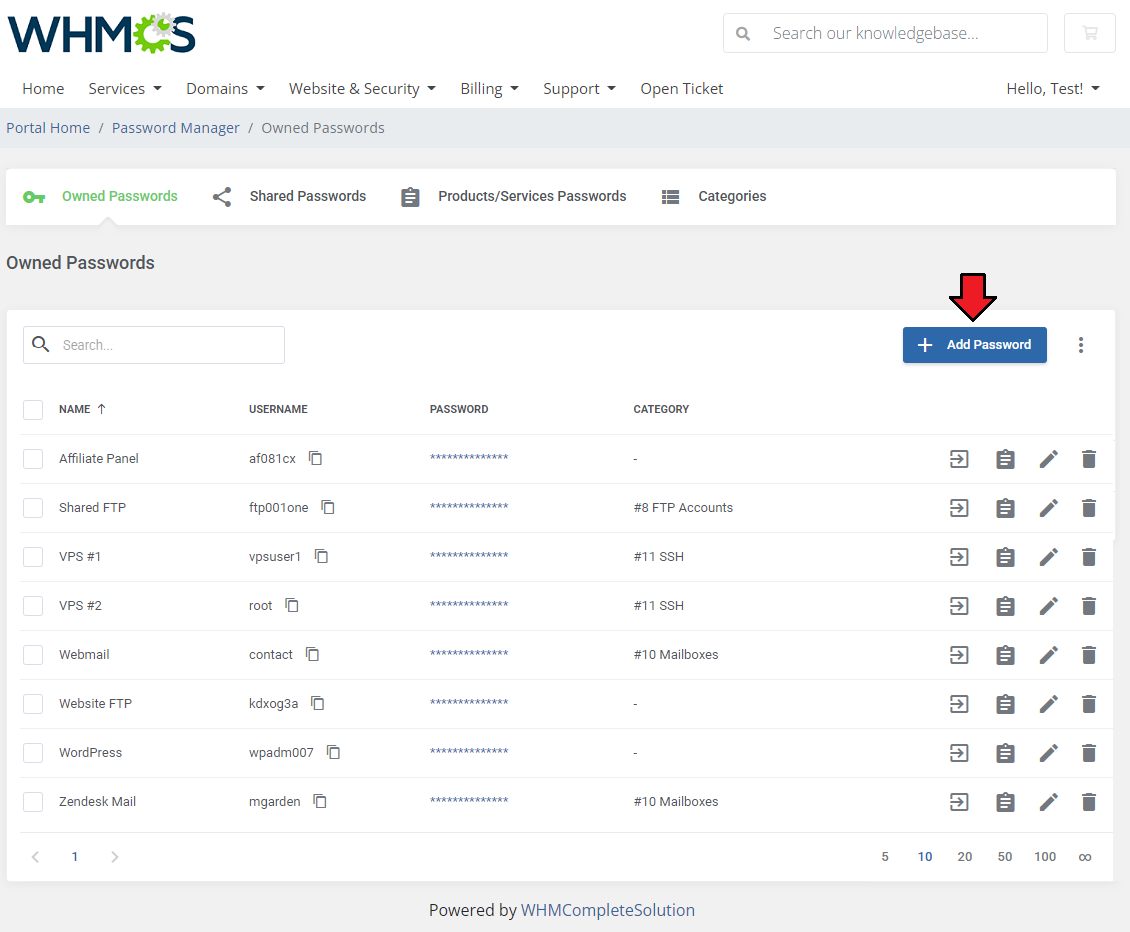Password Manager For WHMCS: WHMCS client area Owned Passwords page with the Add Password button highlighted