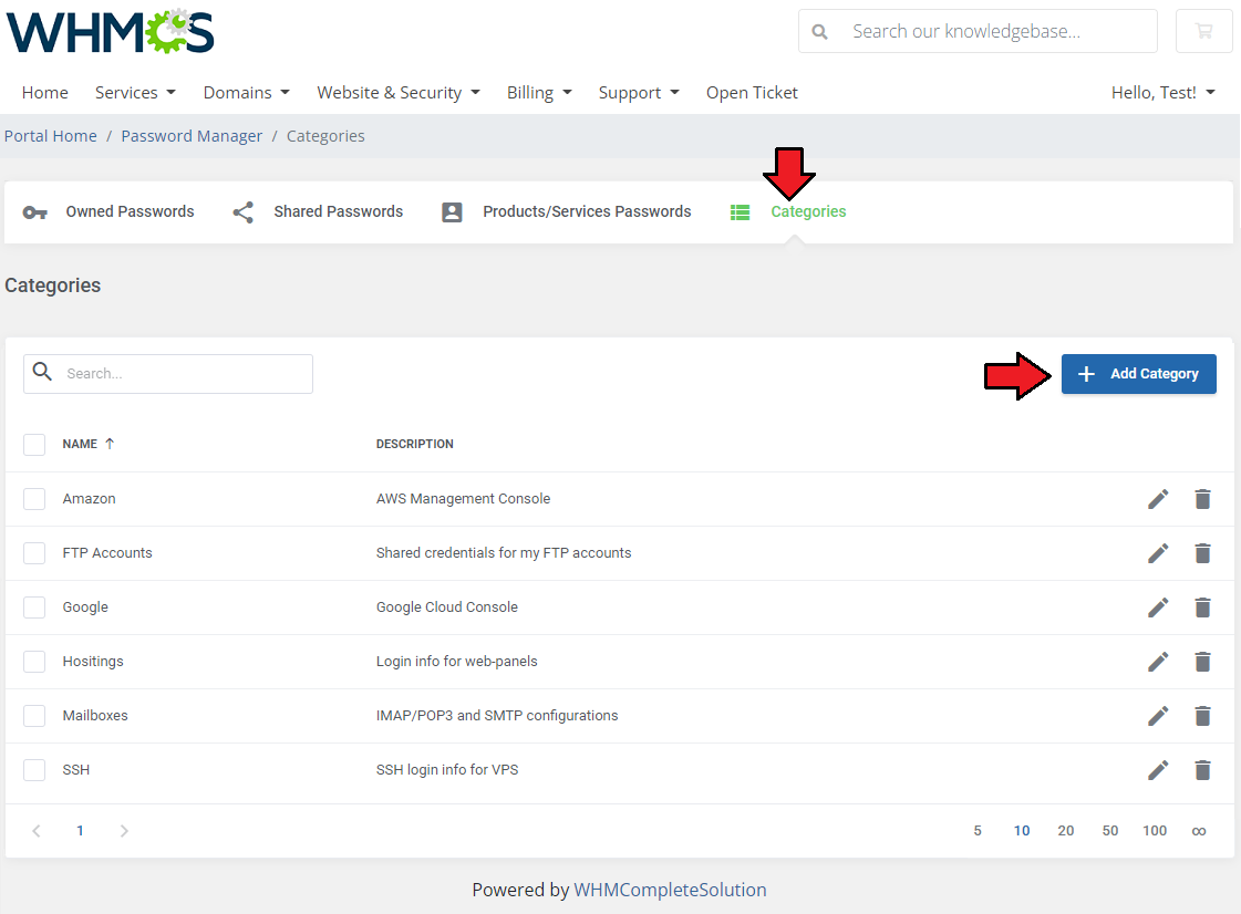 Password Manager For WHMCS: WHMCS client area Categories tab with category list and the Add Category button