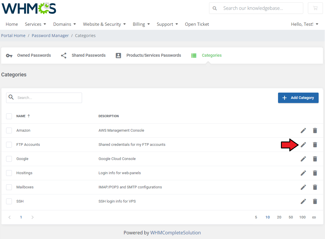 Password Manager For WHMCS: WHMCS client area Categories list with the edit icon highlighted for a category
