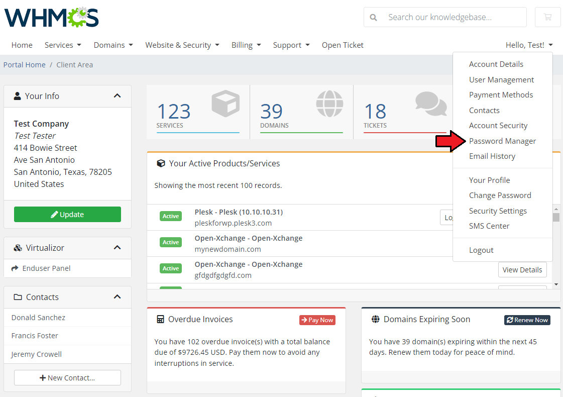 Password Manager For WHMCS: WHMCS client area user menu with the Password Manager entry highlighted