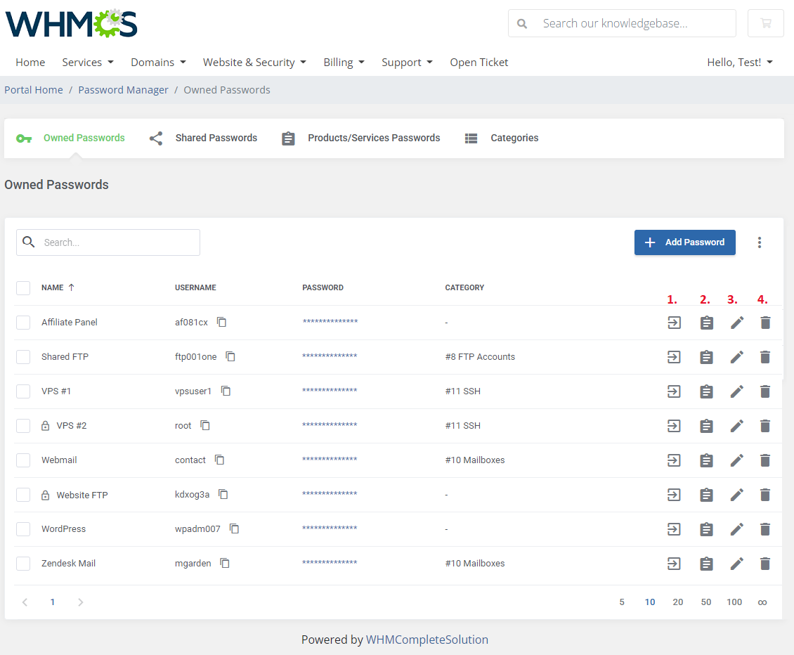 Password Manager For WHMCS: WHMCS client area Owned Passwords table with padlock icons on encrypted entries and action
