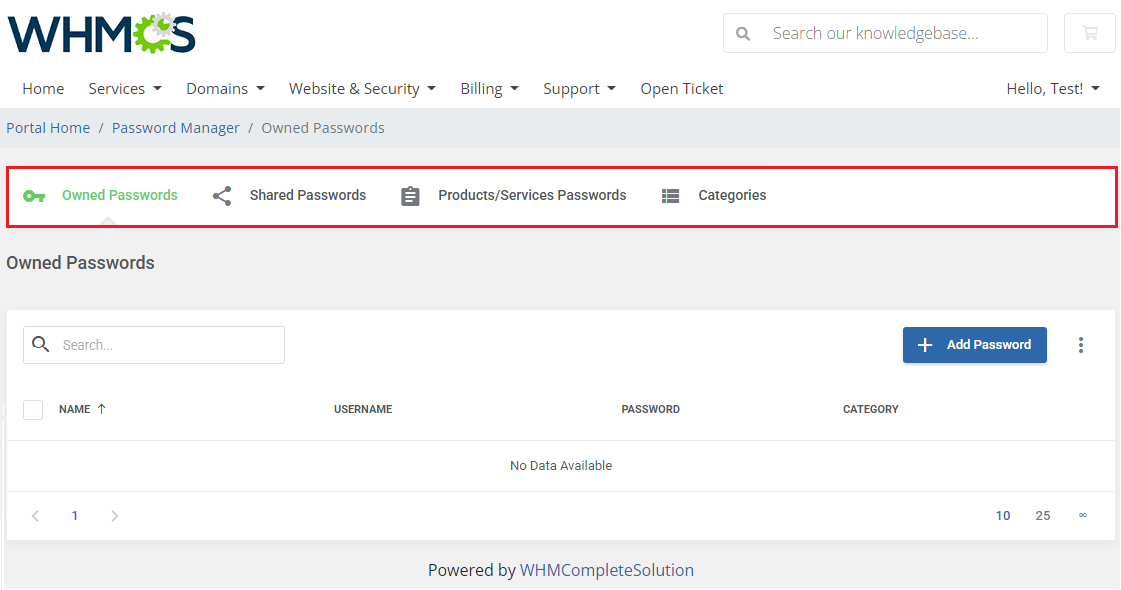 Password Manager For WHMCS: WHMCS client area Owned Passwords page with an empty list and four section tabs outlined
